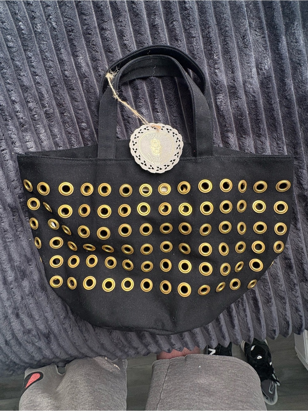 Black Tote Bag with Gold Eyelet Detail